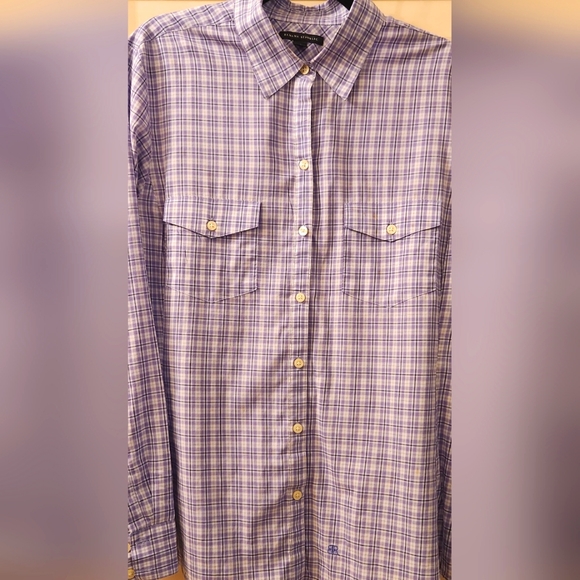 Banana Republic boyfriend cut blue,white, lavender plaid cotton shirt. SZ XL - Picture 1 of 10